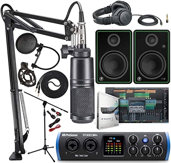 Audio Technica AT2035 Micrófono, Shockmount, ATH-M20x, Boom, XLR Cable Streaming/Podcasting Pack y PreSonus Studio 24c 2x2 USB Type-C Audio/MIDI Interfaz con Mackie CR5-X Monitor Par