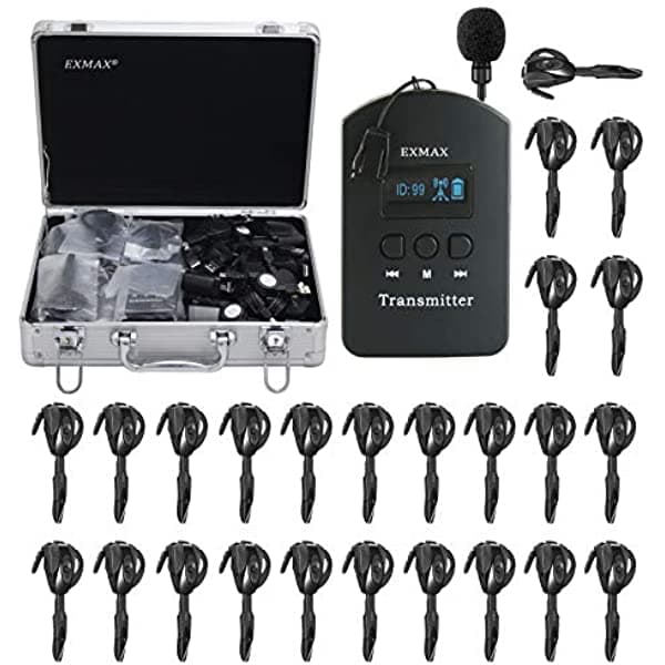 EXMAX EX-624 ISM 2.4GHz-2.4835GHz - Sistema de audioguía inalámbrico, transmisor con micrófono de auricular y receptor mini de oreja para iglesia, aulas, seminarios, entrenamiento, viajes y exposiciones