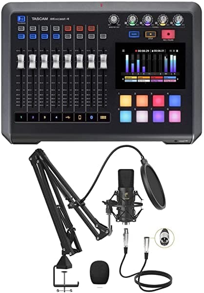 Clutch TASCAM Mixcast 4 Podcast Workstation, TONOR Profesional Cardioid Studio Mic Kit Bundle