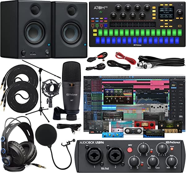 PreSonus AudioBox 96 Studio Audio Interface con Atom SQ Hybrid Production/MIDI, paquete completo de estudio con paquete de software Studio One Artist, Eris 3.5 pares de monitores de 2 vías con cables 96 Studio | ATOM SQ | E3.5