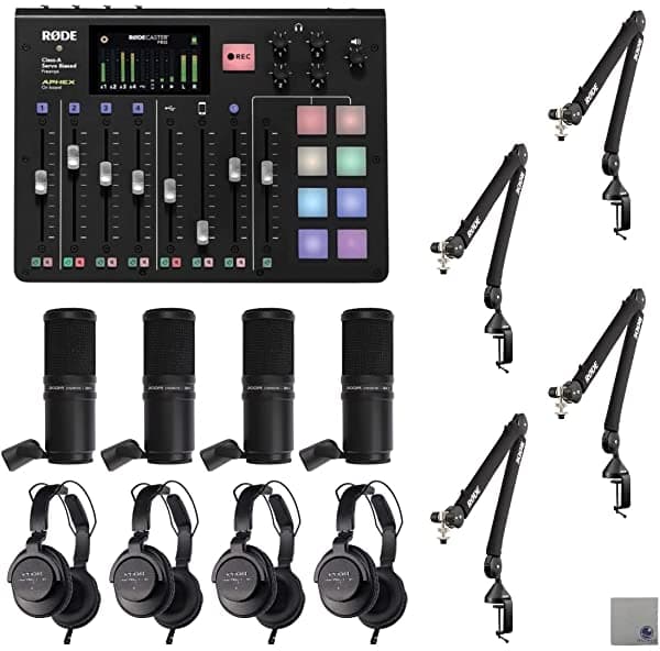 Rode RODECaster Pro con 4 Boomarms de micrófono Rode PSA1+, 4 paquetes de micrófono Zoom ZDM-1 y paño de pulido StreamEye RCP | 4x ZDM1-PMP | PSA1+ | Cloth