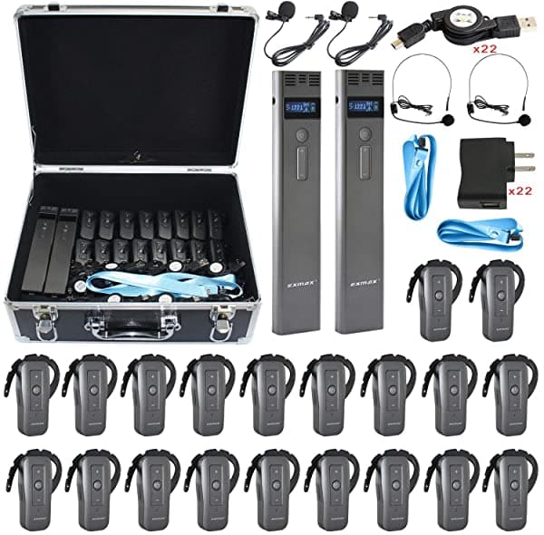 EXMAX EXD-6688 - Auriculares inalámbricos de interpretación con sistema de 2,4 GHz con 9999 canales para viajes, exposiciones, artes escénicas, enseñanza (2 transmisores, 20 receptores y caja de almacenamiento negra)