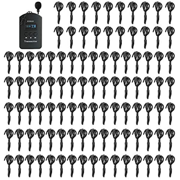 EXMAX EX-624 ISM 2.4GHz-2.4835GHz - Sistema de audioguía inalámbrico, transmisor con micrófono de auricular y receptor mini de oreja para iglesia, aulas, seminarios, entrenamiento, viajes y exposiciones