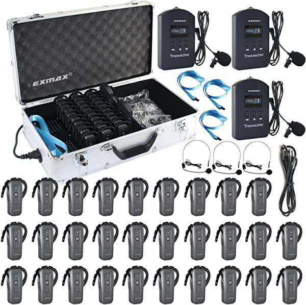 Exmax Exd-6688 2.4Ghz Sistema De Traducción De Transmisión De Voz Inalámbrica Compatible Con Dos Presentadores Hablando Para La Interpretación Simultánea Reuniones (3 Transmisores Y 29 Receptores Con 32 Ranuras De Carga)
