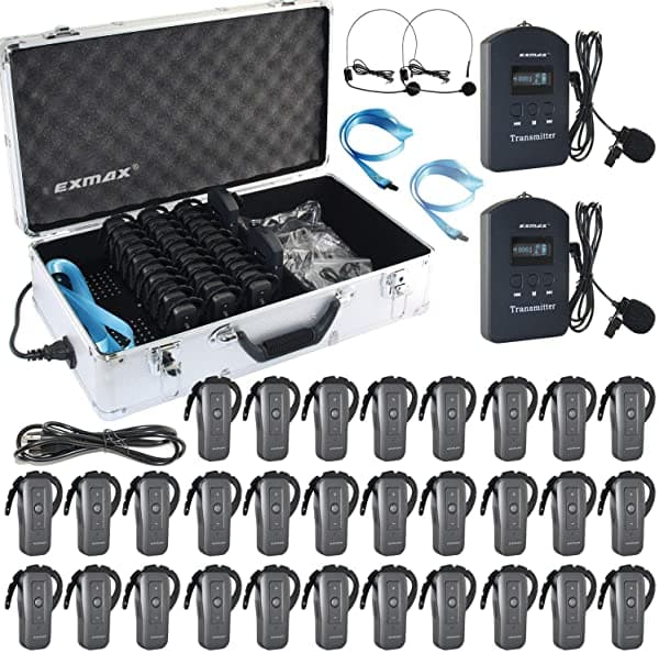 EXMAX EXD-6688 2.4 GHz - micrófono inalámbrico con audioguía y soporte para dos transmisores para entrenar en reuniones (2 transmisores y 30 receptores con estuche de carga de 32 ranuras)