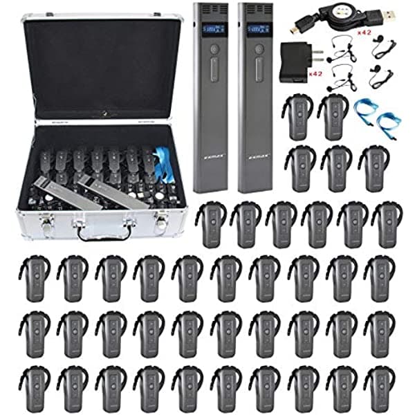 Exmax Exd-6688 - Sistema De Guía De Audio Inalámbrico Profesional De 24 Ghz Equipo De Traducción De Iglesia Soporte Para 2 Transmisores Funcionan Simultáneamente (2 Transmisores Y 40 Receptores Con Caja De Almacenamiento Plateada)