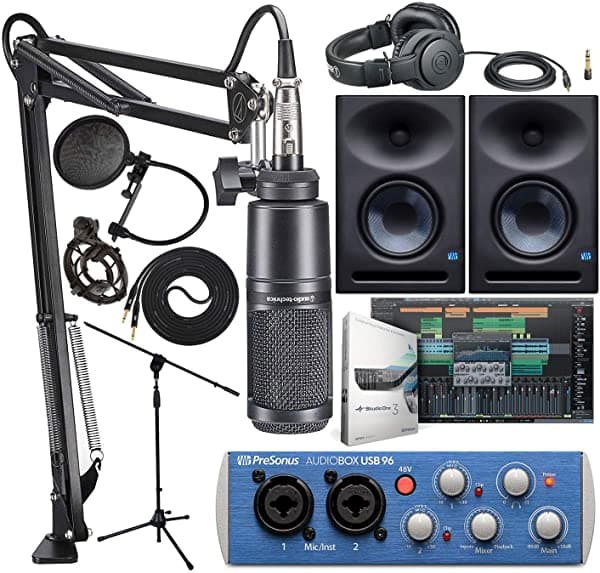 Audio Technica At2035 Micrófono De Estudio Shockmount Ath-M20X Boom - Cable Xlr Streaming/Podcasting Pack Y Presonus Audiobox Usb 96 Interfaz De Audio Con Eris E7 Xt Par De Monitores De Estudio De 2 Vías