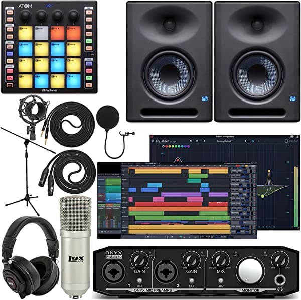 Mackie Onyx Producer 2-2 Audio/Midi Kit De Interfaz Con Pro Tools First Software Atom Midi Production Pad Controller Eris E5 Xt Par De Monitores De 2 Vías Con Diseño De Guía De Onda Ebm Micrófono Condensador