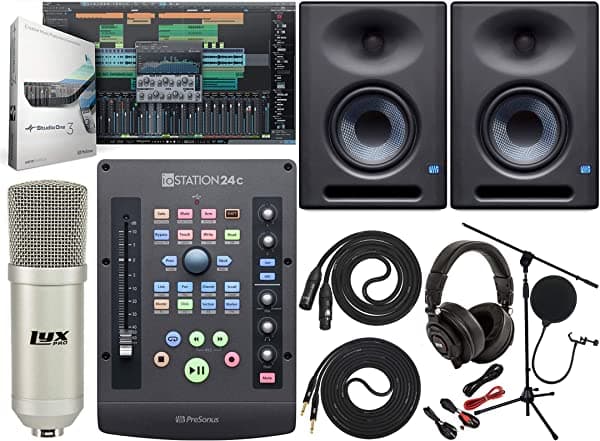 Presonus Iostation 24C 2X2 Usb-C Interfaz De Audio Y Controlador De Producción Con Eris E5 Xt Par De Monitores De Estudio De 2 Vías Con Diseño De Guía De Onda Ebm Y Kit De Micrófono Profesional