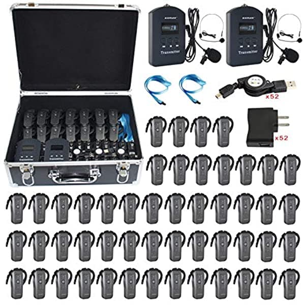 Exmax Exd-6688 - Equipo De Traducción Inalámbrica Simultánea De 24 Ghz Para Dos Transmisores Funcionan Simultáneamente Para El Entrenamiento De Visitas De Grupo (2 Transmisores Y 50 Receptores Con Caja De Almacenamiento Negra)
