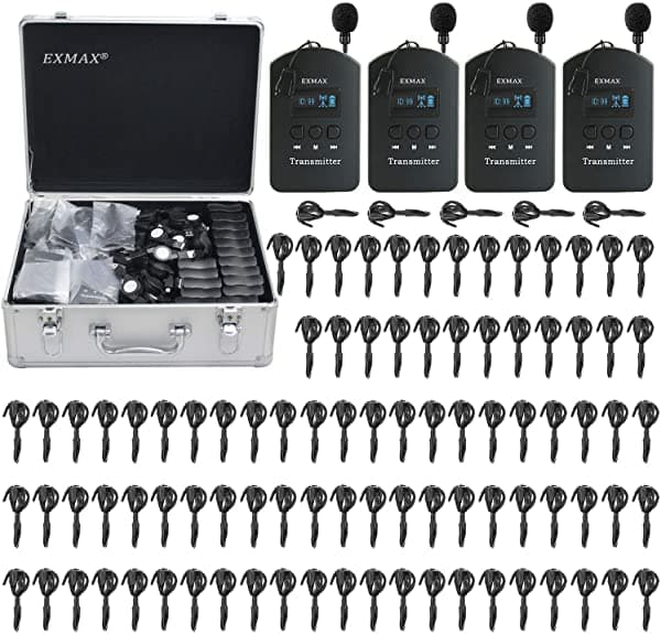 Exmax EX-624 ISM 2.4Ghz-2.4835Ghz Sistema de Audioguía Inalámbrico Transmisor con Micrófono de Diadema y Receptor Mini con Gancho de Oreja para Iglesia Aula Conferencias Seminarios Capacitación Viajes Exposiciones