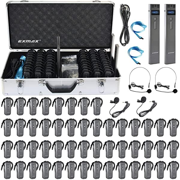 Exmax EXD-6688 - Micrófono Inalámbrico de Mano con Función de Silencio para Reuniones Simultáneas (2 Transmisores y 50 Receptores con Estuche de Carga de 64 Ranuras)