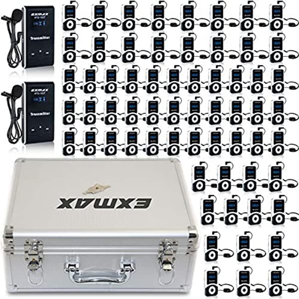 Exmax ATG-100T 72MHz-76MHz Sistema de Audioguía/Sistema de Monitoreo Inalámbrico con Estuche de Transporte (Sin Función de Carga) para Enseñanza Conferencia Guías ATG-100T72MHz2T63RwithSilverCaseUS-YYN