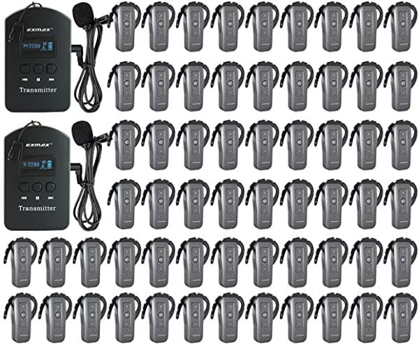 Exmax EXD-6688 Sistema de Audioguía Inalámbrico 2.4 GHz con Auricular para Traducción en Iglesias Soporta Dos Transmisores en Simultáneo Para Recepción Corporativa/Gubernamental de Visitantes (2 Transmisores Y 60 Receptores)