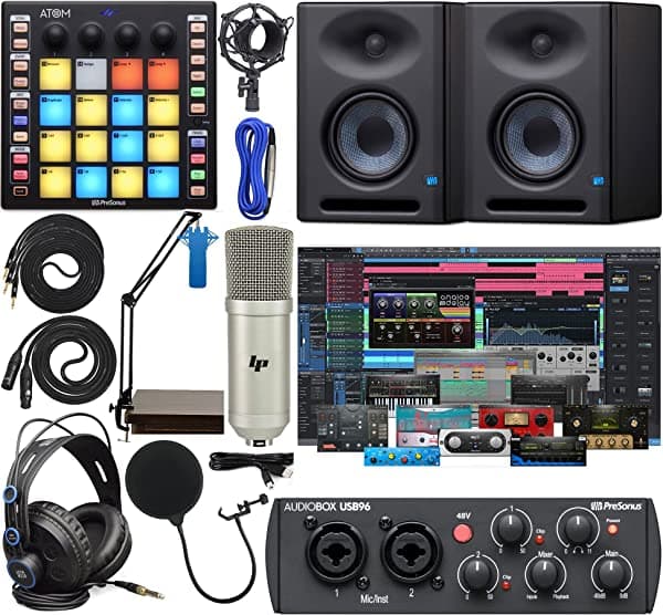 Presonus Audiobox 96 Interfaz De Audio Completo Con Paquete De Software Atom Midi/Controlador De Almohadilla De Producción Monitores Eris E5 Xt Y Brazo De Suspensión Ajustable + Auriculares Hd7 Audiobox 96 + E5 XT + Atom + Arm Kit