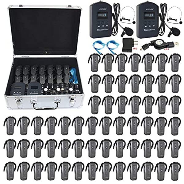 Exmax Exd-6688 - Auriculares De Guía Inalámbrica De 24 Ghz Sistema De Traducción De Iglesia Soporte Para 2 Transmisores Funcionan Simultáneamente Para Entrenamiento De Viaje De Campo (2 Transmisores Y 60 Receptores Con Caja De Almacenamiento Plateada)