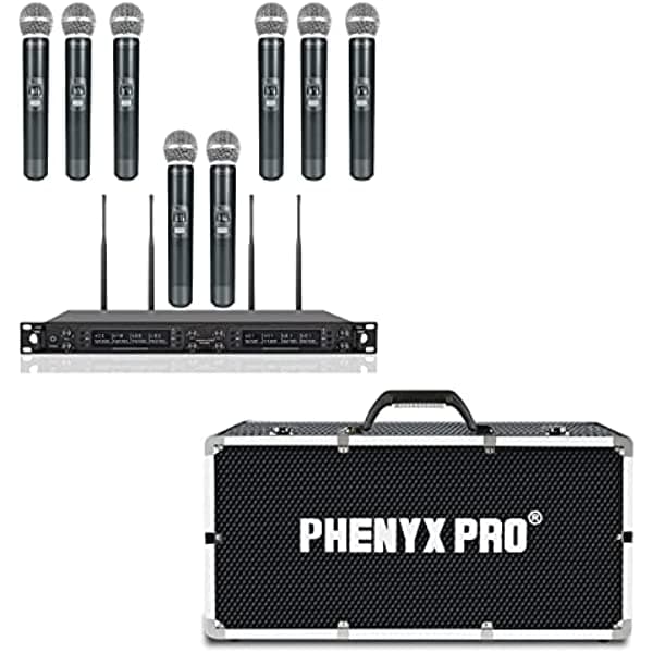 Phenyx Pro Sistema De Micrófono De Mano Inalámbrico Uhf De 8 Canales Ptu-6000 Paquete Con La Funda De Transporte Personalizable De Tamaño Extra Grande