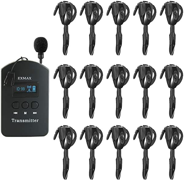 Exmax ISM Sistema de Audioguía Inalámbrico 2.4GHz-2.4835GHz Transmisor Con Auricular Micrófono Mini Receptor de Oreja Para Iglesia Aulas Seminarios Entrenamiento Viajes Exposiciones EX-624
