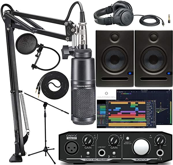Audio Technica At2020Pk Micrófono De Estudio Con Ath-M20X Boom - Cable Xlr Streaming/Podcasting Pack Y Onyx Artist 1-2 Interfaz De Audio Con Monitores De Estudio Eris E5 Pares