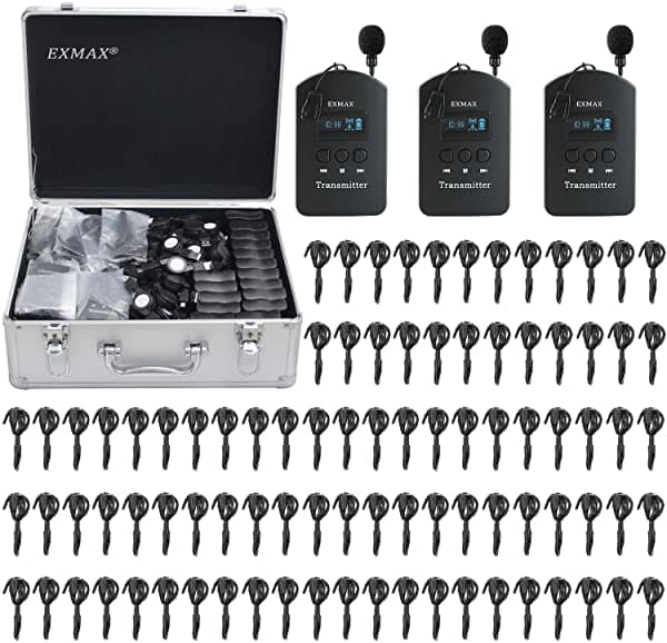 Exmax EX-624 ISM 2.4Ghz-2.4835Ghz Sistema de Audioguía Inalámbrico Transmisor con Micrófono de Diadema y Receptor Mini con Gancho de Oreja para Iglesia Aula Conferencias Seminarios Capacitación Viajes Exposiciones