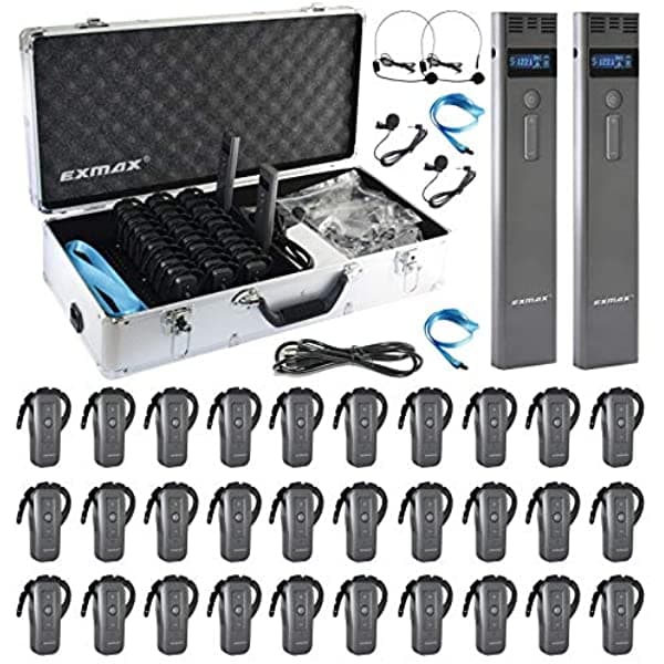 Exmax Exd-6688 2.4Ghz Sistema De Guía De Audio Inalámbrico Con Dos Transmisores Que Funcionan Simultáneamente Para Viajes De Traducción Simultánea (2 Transmisores Y 30 Receptores Con 32 Ranuras De Carga)