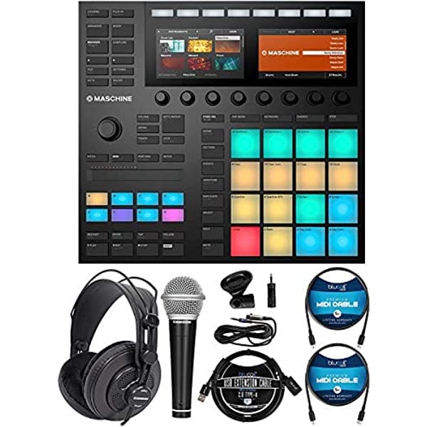 Native instrumentos Maschine Mk3 Controlador De Tambor E Interfaz De Audio Usb Con Micrófono Dinámico Samson R21S Auriculares Semiabiertos Sr850 Cable De Extensión Usb De 3 Pies Y 2 Cables Midi De 5 Pies A1856
