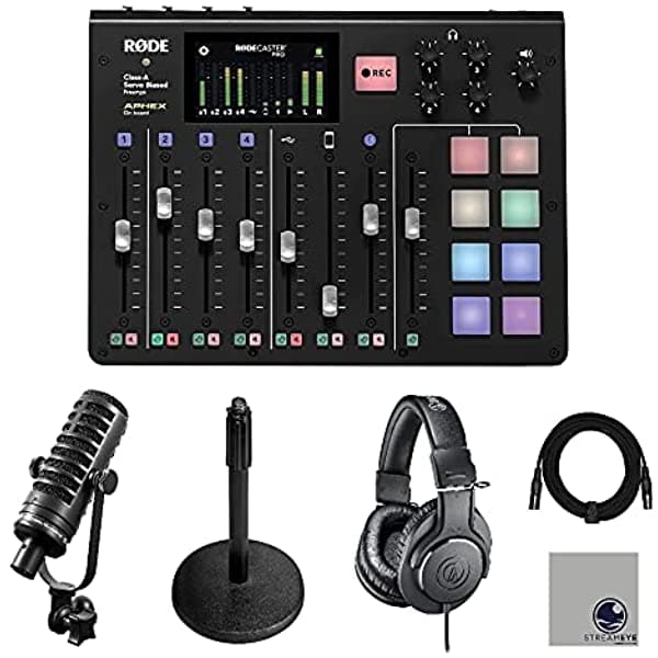 Rode Rodecaster Pro Con Micrófono De Difusión Mxl Bcd-1 Soporte De Micrófono Ds7200B En El Escenario Auriculares Ath-M20X Cable Xlr Y Paño De Pulido Streameye RCP | BCD-1 | DS7200B | M20x | XLR | Cloth