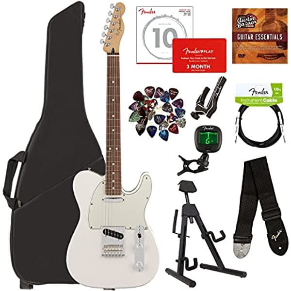 Fender Player Telecaster Pau Ferro Bundle con Funda Acolchada Soporte Afinador Correa Cable de Instrumentos Cuerdas Púas Capo Prueba de Fender Play y DVD de Austin Bazaar Guitarra Essentials - Blanco Polar AUS-0145213515-COMBO-STD