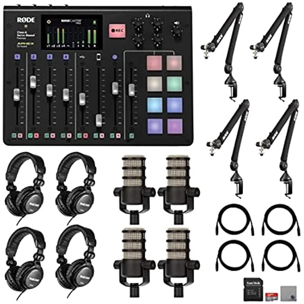 Rode Rodecaster Pro Con 4 Boomarms De Micrófono Rode Psa1+ 4 Micrófonos De Podcasting Dinámicos Rode Podmic Auriculares De Grado De Estudio Th-02 Tarjeta Microsd De 32 Gb Cables Xlr Y Paño De Pulido Streameye RCP | 4x PodMics | PSA1+ | TH-02/Card/Cloth