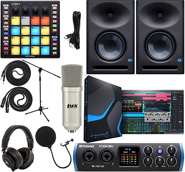 Presonus Studio 24C 2X2 Usb Type-C Audio/Interfaz Midi Con Controlador Atom Midi/Production Pad Y Eris E7 Xt Par De Monitores De Estudio De 2 Vías Con Diseño De Guía De Ondas Ebm Micrófono De Estudio