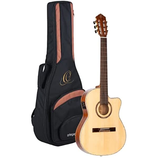 Ortega Guitars Serie Solid Top Thinline Crossover - Guitarra Clásica Electroacústica de 6 Cuerdas de Nylon con Funda, para Diestros (RCE138-T4)