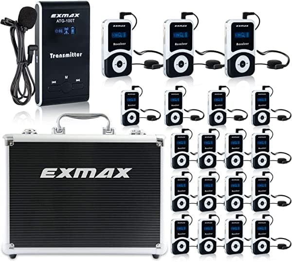 Exmax ATG-100T 72MHz-76MHz Sistema de Audioguía/Sistema de Monitoreo Inalámbrico con Estuche de Transporte (Sin Función de Carga) para Enseñanza Conferencia Guías ATG-100T72MHz1T19RwithBlackCaseUS-YYN