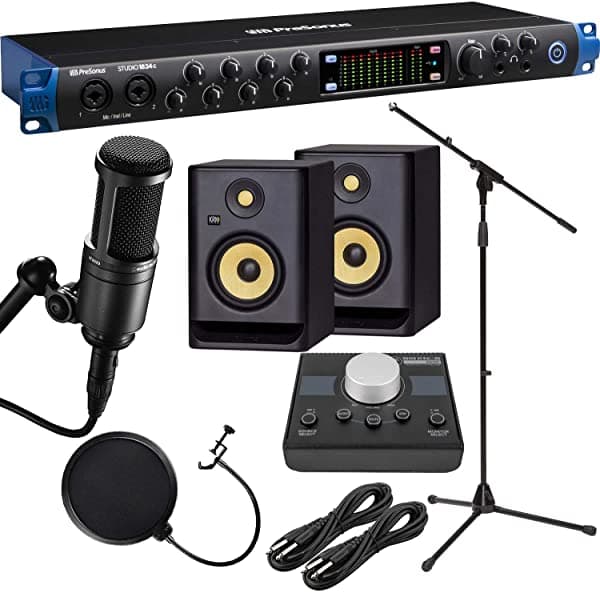 Clutch Presonus Studio 1824C (2) Monitores Krk Rp5G4 Perilla Mackie Pasiva Micrófono At2020 Filtro Pop Cable Xlr Soporte De Micrófono (2) 1/4 Paquetes De Cables