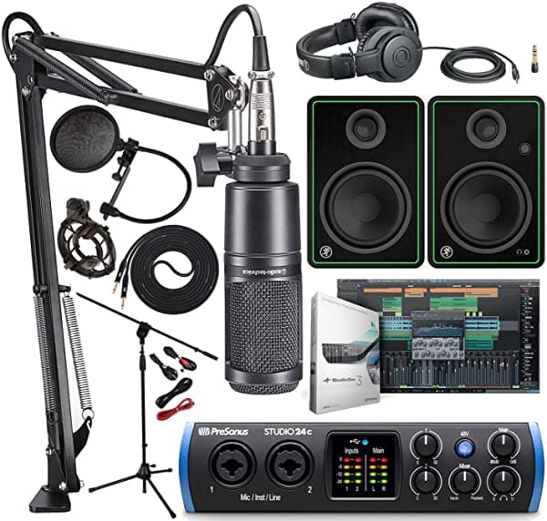 Audio Technica At2035 Micrófono Shockmount Ath-M20X Boom Xlr Cable Streaming/Podcasting Pack Y Presonus Studio 24C 2X2 Usb Tipo-C Audio/Midi Interfaz Con Mackie Cr5-Xbt Bluetooth Monitor Par