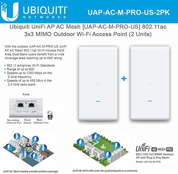 Ubiqui Network UniFi AC Mesh Access Point inalámbrico UAP-AC-M-Pro-US 802.11ac 3x3 MIMO Outdoor Wi-Fi (2 unidades)