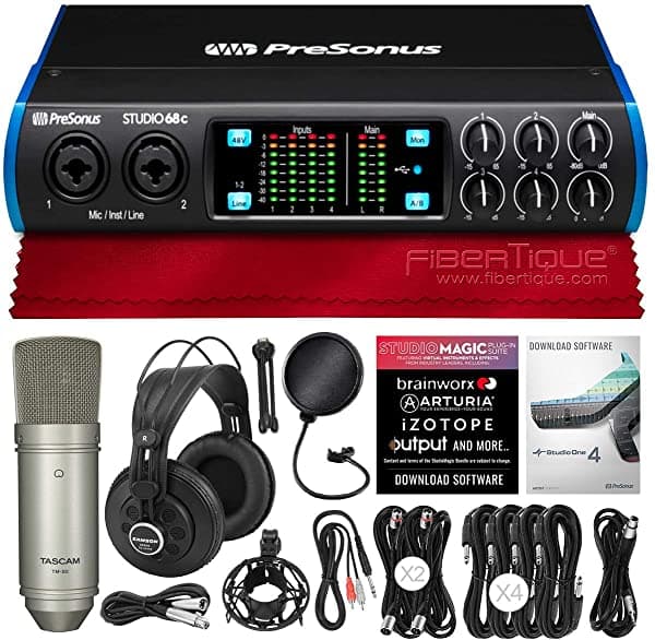 PreSonus Studio 68C 6-In 6-Out USB-C placa de audio/MIDI + auriculares de estudio SR850 + micrófono condenser de estudio TM-80 + filtro pop Xpix y cables