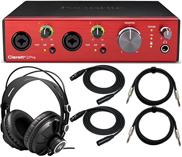 Focusrite Clarett+ 2Pre - Paquete De Interfaz De Audio De 10 Entradas Y 4 Salidas Con Auriculares Knox Gear De Estudio Cerrados Cables Xlr Y Cables Trs De 1/4 Pulgadas (6 Artículos) ACLRTPLUS2PREK1