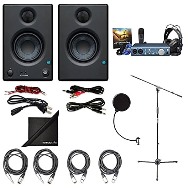PreSonus AudioBox iTwo Studio con PreSonus Eris E3.5 3.5" parlantes de monitoreo (par), soporte de micrófono AxcessAbles, cables, windpop y paño de pulido