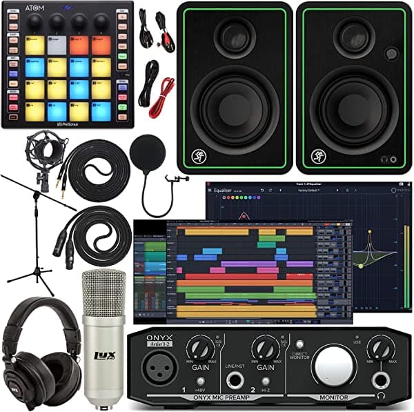 Mackie Onyx Artist 1-2 Interfaz De Audio Con Pro Tools First Music Software Atom Midi Production Pad Controller Cr4-X Monitor Pair Condenser Studio Microphone Xlr Auriculares Soporte Para Micrófono