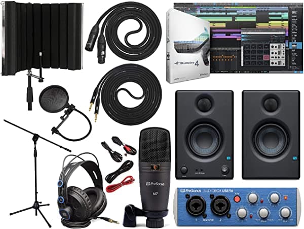 PreSonus AudioBox 96 - Interfaz de audio completa para estudio con pack de software Studio One Artist, con par de monitores de estudio Eris 3.5, cable de instrumento TRS a TRS de 1/4 pulgadas y escudo de aislamiento de micrófono