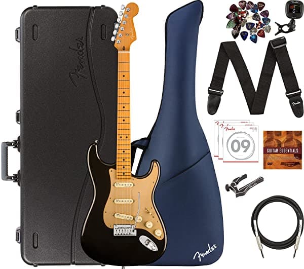 Fender American Ultra Stratocaster - Paquete De Guitarra Eléctrica Con Funda Moldeada Elite Sintonizador Correa Cable De Instrumento Cuerdas Púas Cejilla Y Austin Bazaar Guitarra Essentials Dvd - Texas Tea AUS-0118012790-COMBO-STD