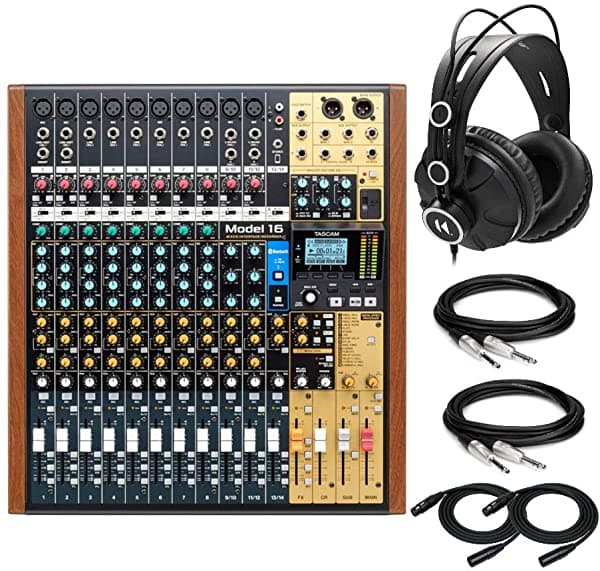 Tascam Model 16 Paquete De Estudio De Mezcla Todo En Uno Con Auriculares Knox Gear Con Monitor De Estudio Cerrado Cables Xlr (25 Pies) Y Cables Trs De 1/4" (6 Artículos) AMODEL16K1