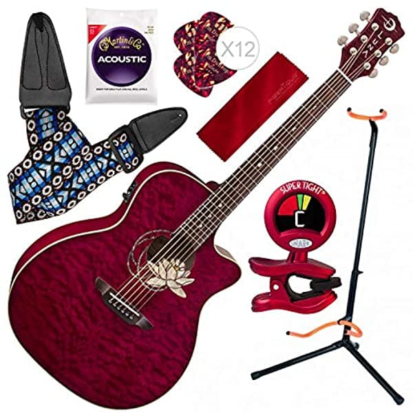 Luna Flora Serie Lotus - Guitarra Acústica Y Eléctrica (Acolchada Arce Cúbico Con Soporte Para Guitarra Profesional) FLO LOT QM_B