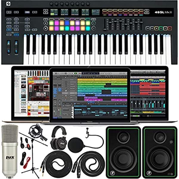 Novation SL MkIII MIDI y CV 49 Teclas Teclado Controlador con Software Pack de Ableton Live Lite y 4 GB de Sonidos y Samples de Loopmasters con Monitores de Estudio Mackie CR3-X (Par) y Cables de Instrumento