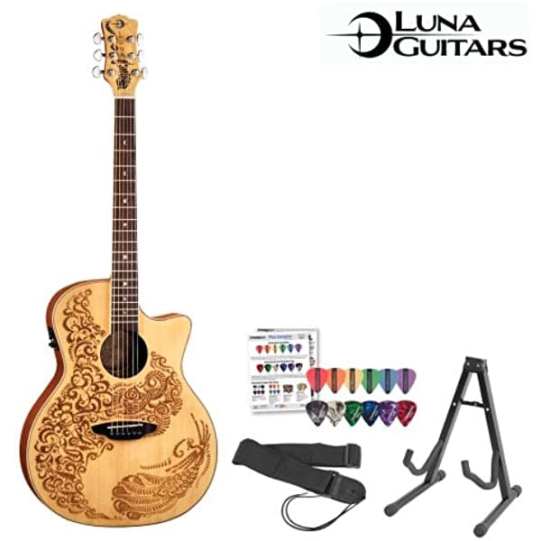 Luna Henna Paradise Guitarra Electroacústica JB-HEN-P2-SPR-KIT-1 con Soporte de Guitarra, Correa y Sampler de Púas