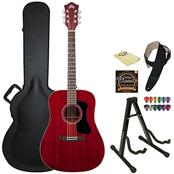 Guild D-120 CHR Cherry - Guitarra Acústica Dreadnought Todo Caoba con Estuche Rígido Guild ChromaCast Cuerdas Soporte Púas Correa y Paño de Pulido