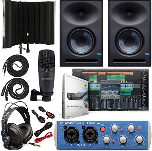 Presonus Audiobox 96 Audio Placa Studio Bundle Con Studio One Artist Software Pack Con Eris E7 Xt Par De Monitores De Estudio De 2 Vías Y Cables De Instrumentos De 1/4" Y Escudo De Aislamiento De Micrófono