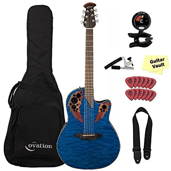 Ovation CE44P-8TQ Trans Azul Quilt Guitarra Electroacústica de Arce con Gig Bag Ovation y Kit de Accesorios