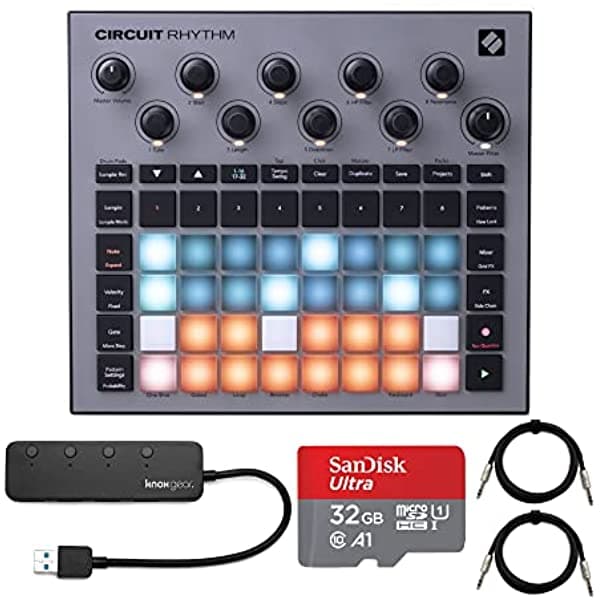 Novation Paquete De Ritmo De Circuito Con Hub Usb Knox Gear De 4 Puertos Tarjeta Microsd De 32 Gb Y Cables Trs De 1/4 Pulgadas (5 Artículos) ACRCUTRHYTHMK1