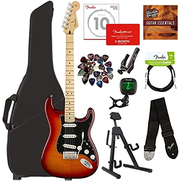 Fender Player Stratocaster Plus Top - Aged Cherry Burst, Paquete con Funda Acolchada, Soporte, Cable, Afinador, Correa, Cuerdas, Púas, Cejilla, Lecciones en Línea Fender Play y DVD Instructivo de Austin Bazaar AUS-0144552531-COMBO-STD
